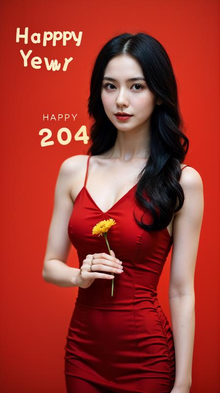 30179-2541312928-1girl, solo, long hair, black hair, holding flower, red dress, red background, (text _happy new year 2024_), look at viewer, por.png